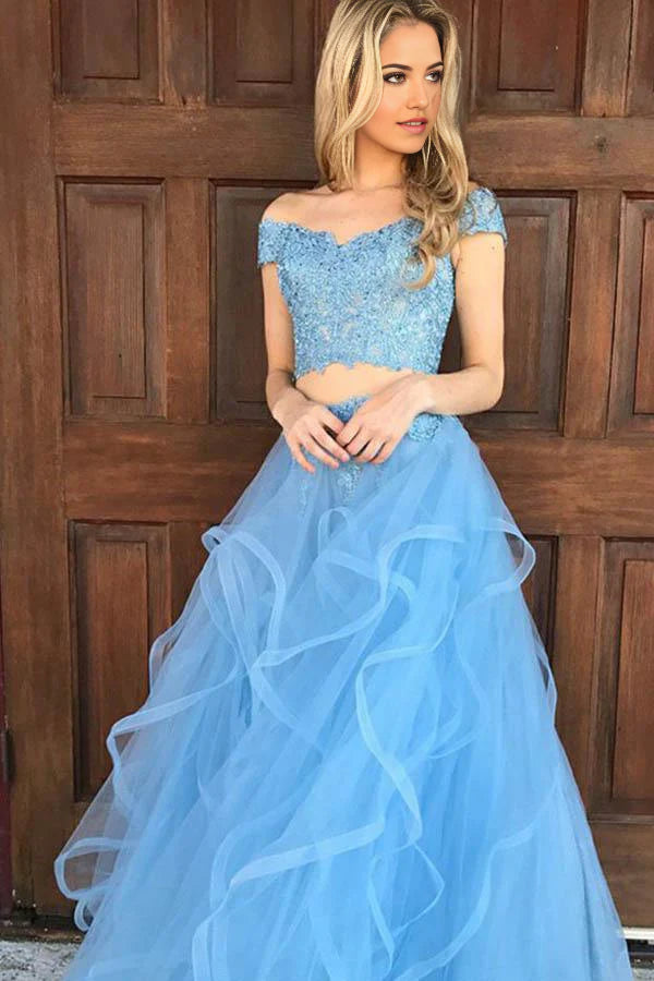 Vestido de noche formal de dos piezas con hombros descubiertos en organza azul cielo, vestido de fiesta con apliques